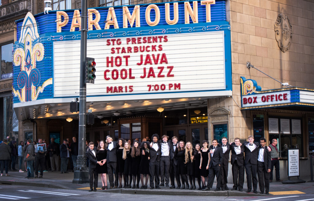 High School musicians prepare to perform at the Paramount Theatre during Starbucks Hot Java Cool Jazz.